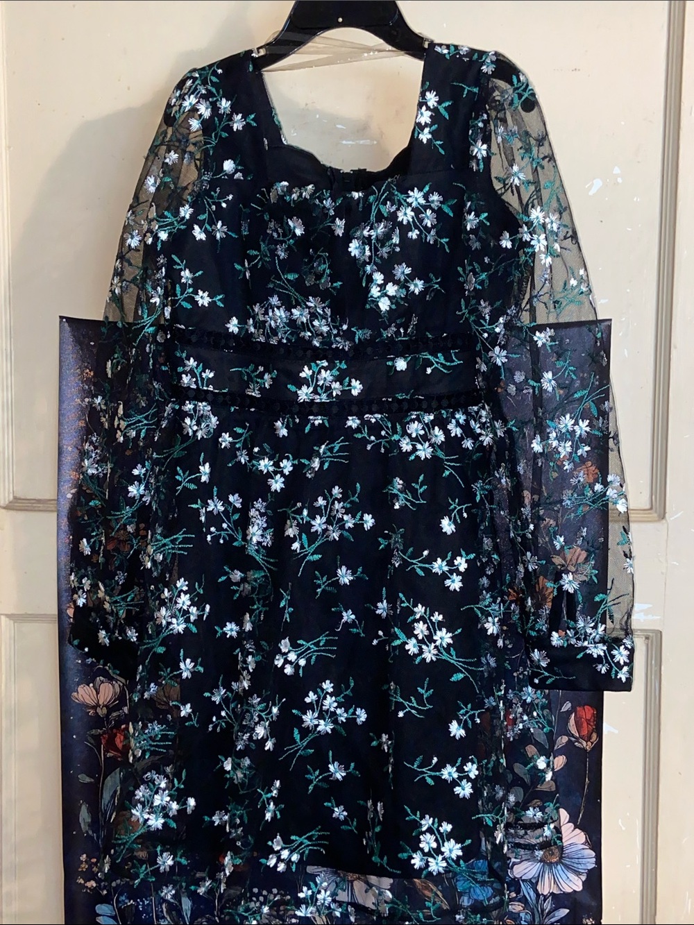 BLACK FLORAL GIRLS DRESS Crochet Center Sheer Long Sleeves XTRAORDINARY